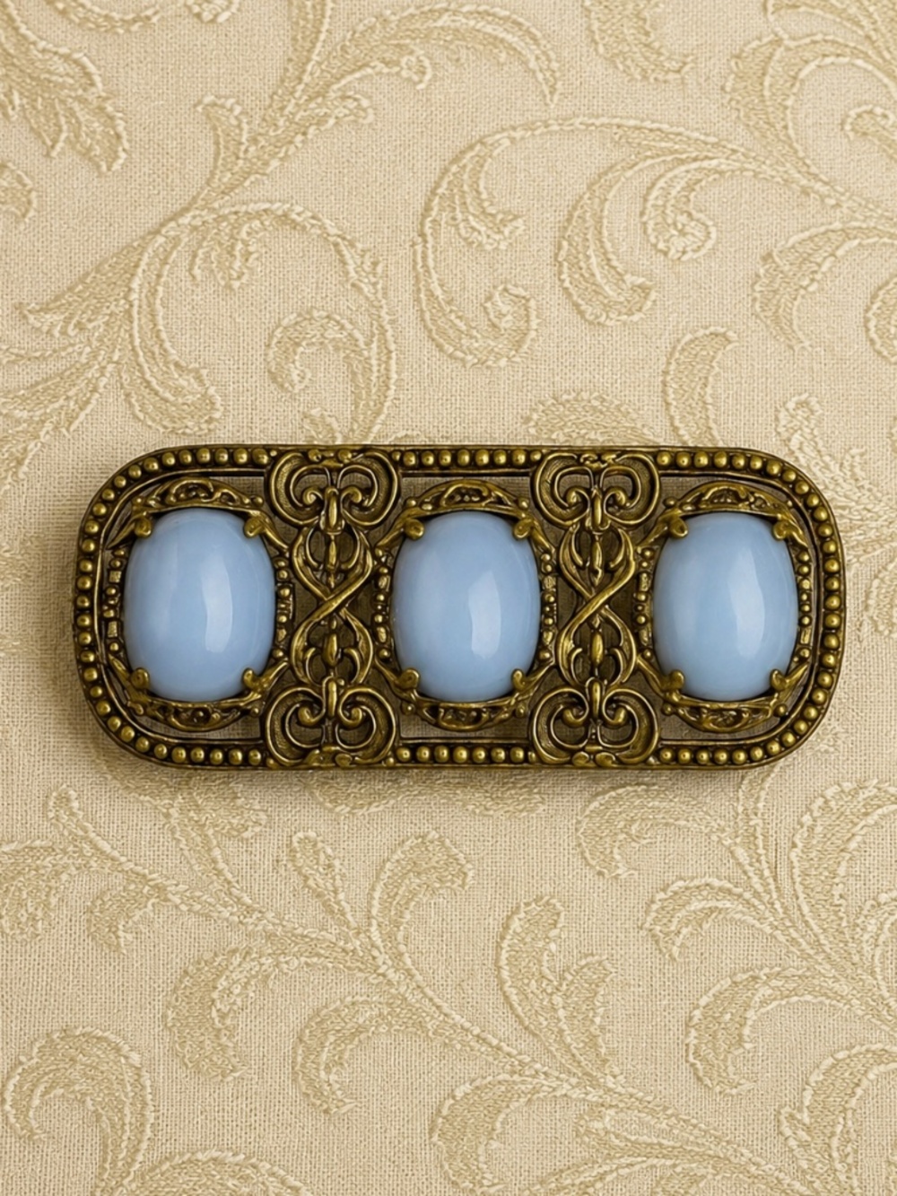 CZECH Art Deco Filigree Brooch – Opalescent Blue Glass |‎ Wedding Something Blue